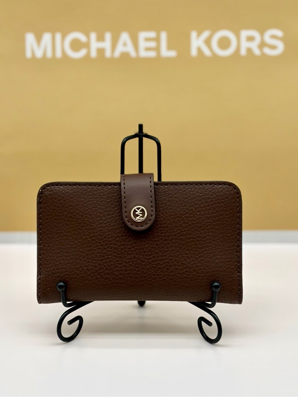 Michael Kors Brown Pebbled Leather Tab Bifold Wallet Card Case